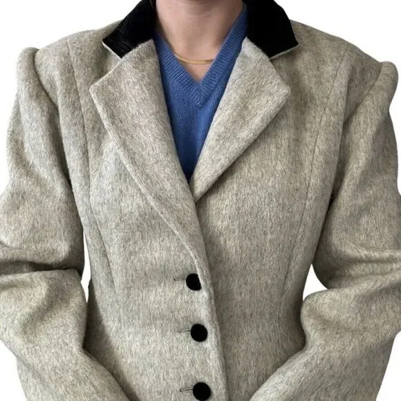 Vintage Womens Cullinane Gray Wool Bow Waist Velvet Collar Trench Coat Jacket S - Picture 4 of 14